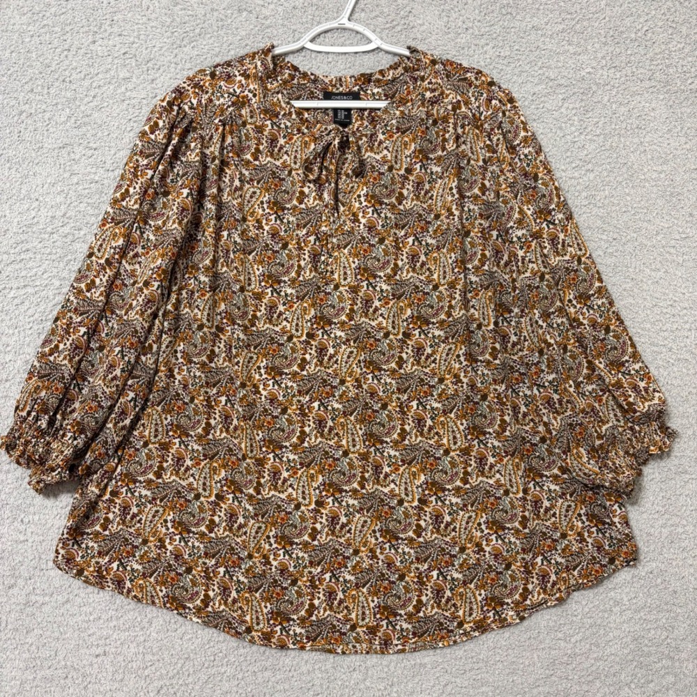 Boho Paisley Tie Neck Blouse Plus Size 3X Smocked Cuffs Jones New York